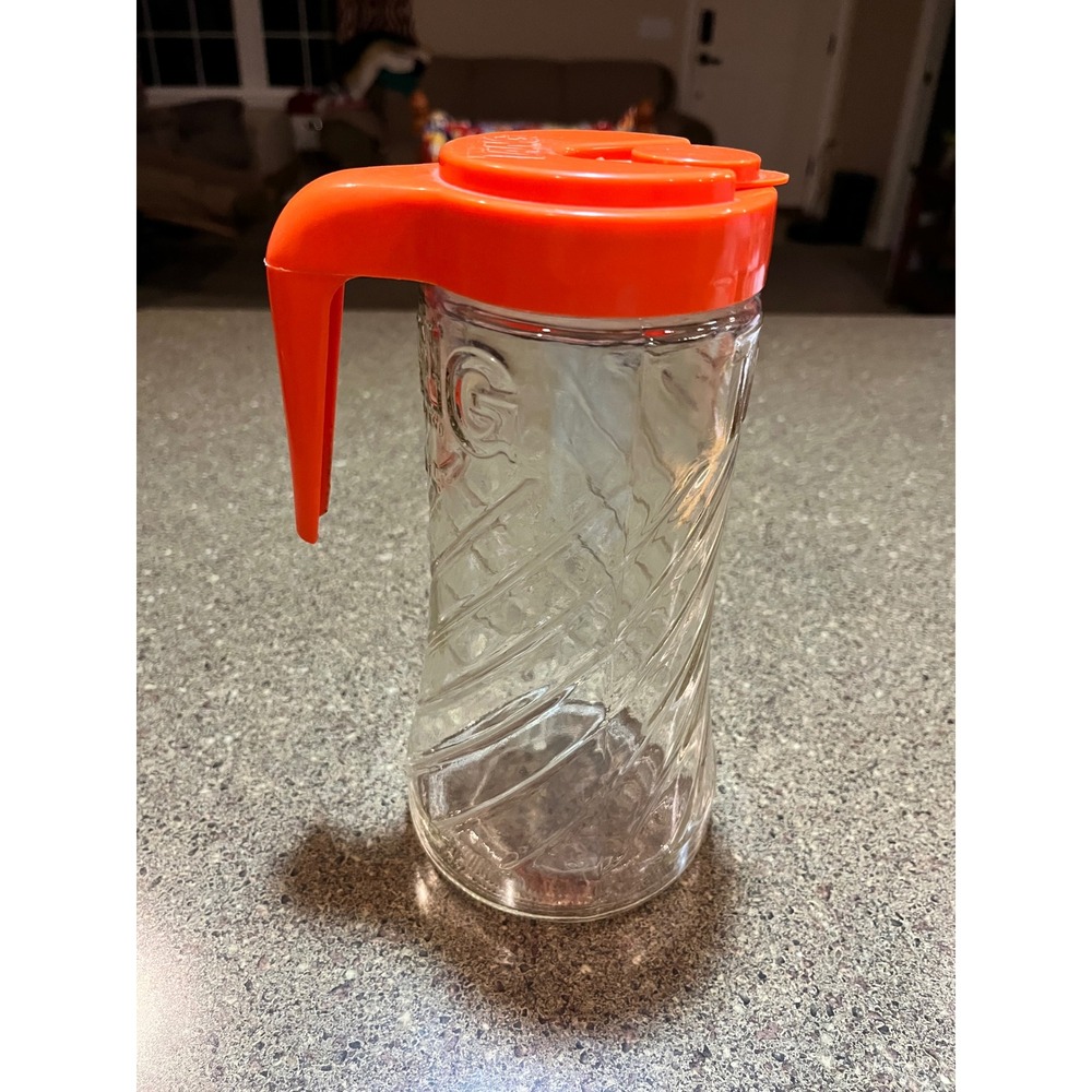 Vintage TANG Drink Pitcher Glass Orange Plastic Lid Swirl Design 9.5 Inches